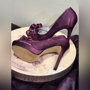Fabulicious Lumina-42 Eggplant Satin Platform Heels – Size 8M (Brand New)